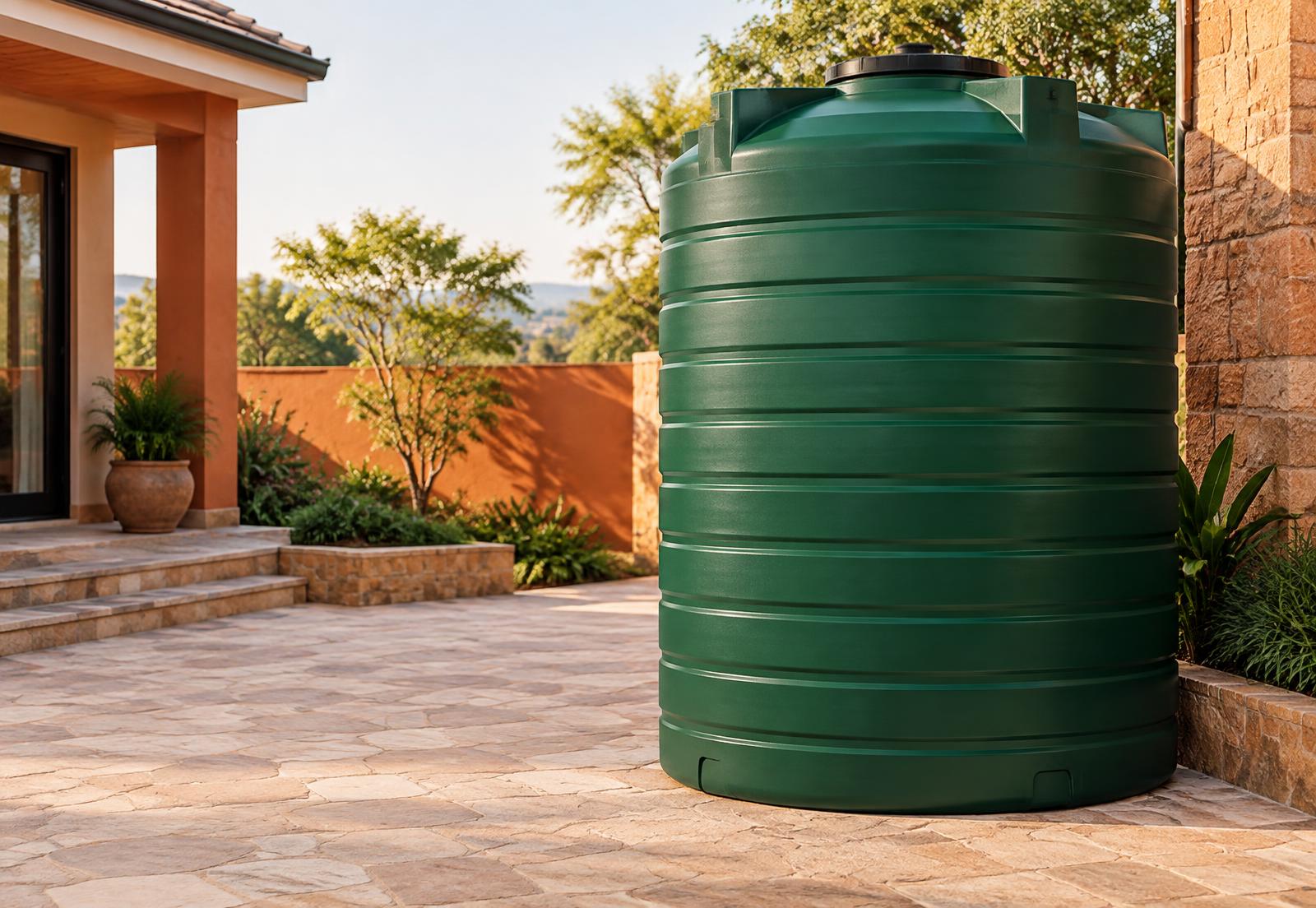 Large green water storage tank beside a Kenyan home